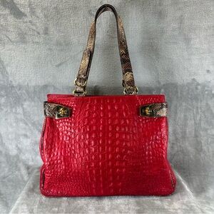 Fontanelli Handbag Purse Red Leather Croc Embossed w/ Snake Skin Trim